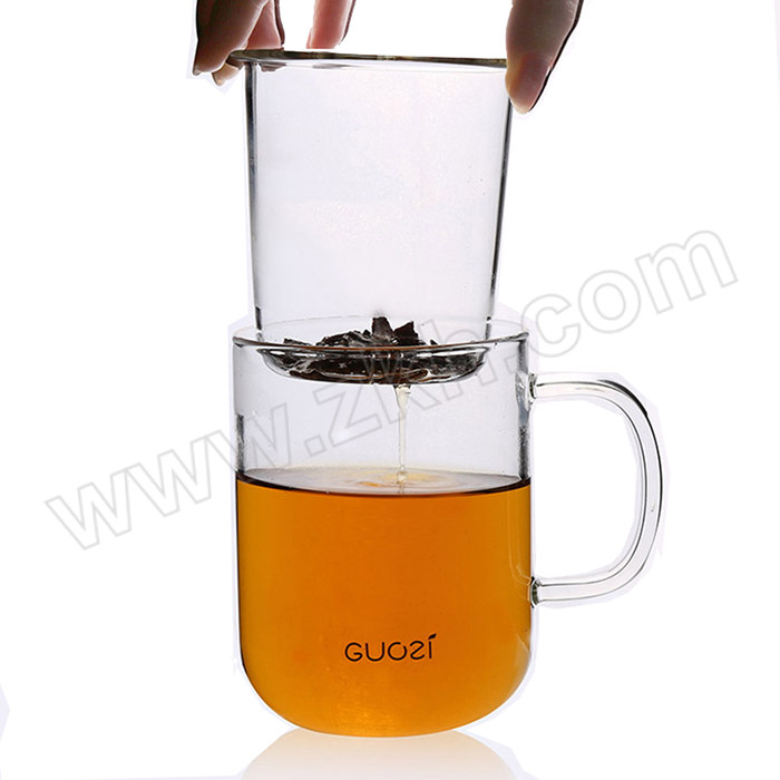 GUOZI/果兹 左茗绅士杯 GZ-S12 透明玻璃杯 带茶漏/杯盖 耐热茶杯三件套 500mL 外壁烤花logo 透明 手工吹制 1个