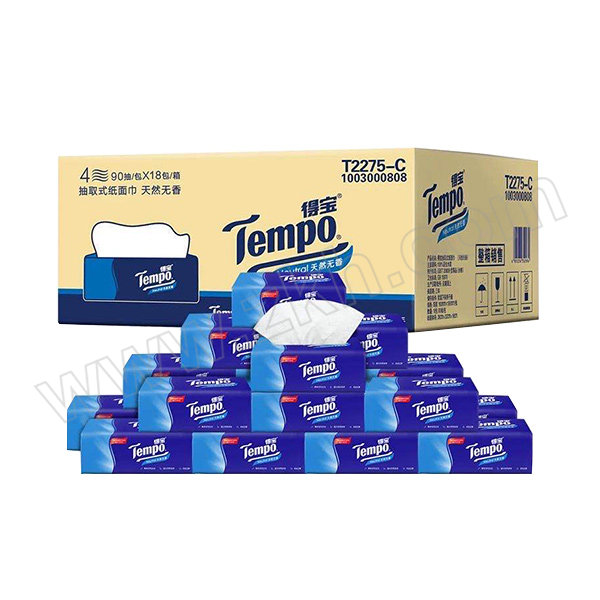 TEMPO/得宝 抽取式面巾S号 T2275-C 四层 无香 160×195mm 90抽×18包 1箱