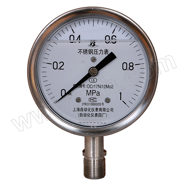 SZY/上自仪 不锈钢压力表(304+铜) Y-100AZ/-0.1~0.9MPa/G1/2/1.6级 1个
