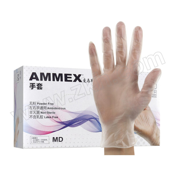 AMMEX/爱马斯 一次性无粉透明PVC手套 GPX3M44100 M 无粉光面 100只 1盒