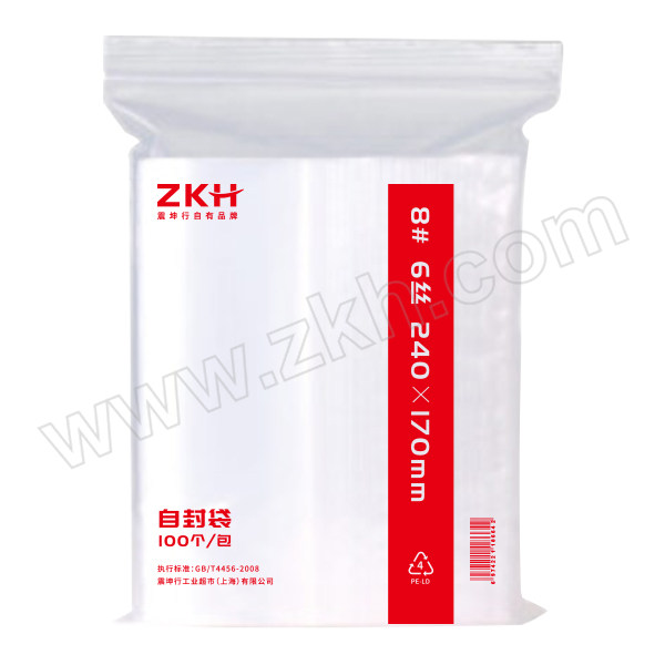 ZKH/震坤行 自封袋 8# 单面6丝 尺寸240×170mm 单面厚度0.06mm 100个 1包