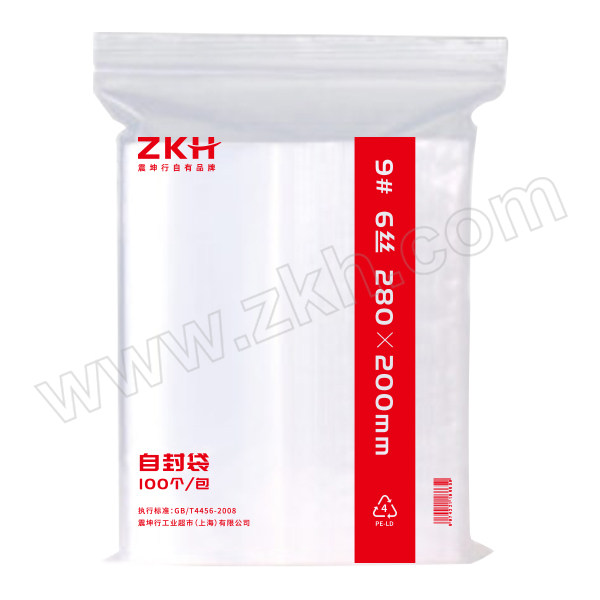 ZKH/震坤行 自封袋 9# 单面6丝 尺寸280×200mm 单面厚度0.06mm 100个 1包