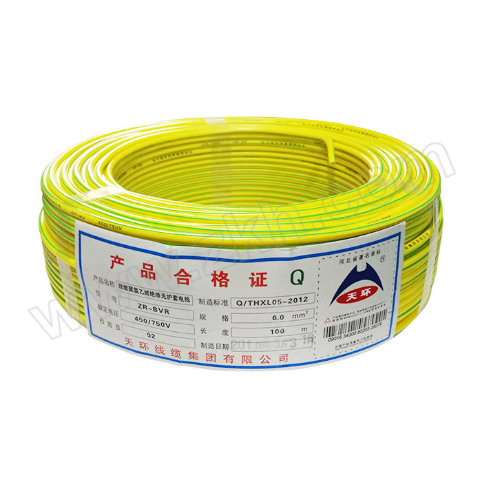 TIANHUAN/天环 铜芯阻燃聚氯乙烯绝缘软电线 ZR-BVR-450/750V-1×6mm² 黄绿双色 100m 1卷