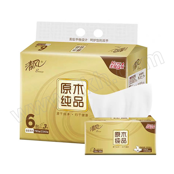 BREEZE/清风 原木金装迷你包抽取式面纸 BR65SJ6 190×132mm 3层×130抽×6包 1提