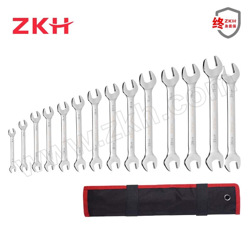 ZKH/震坤行 工业级 14件套 公制镜面双开口扳手组套 HHT-CWS14-0824 布袋装 8mm-24mm 1套
