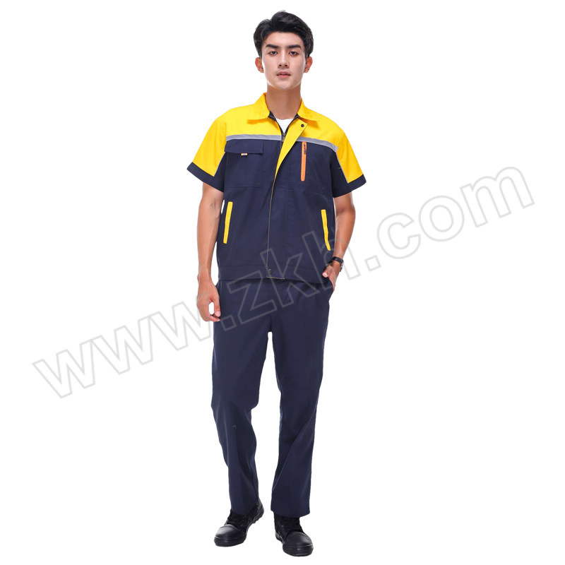 GONGTAI/共泰 夏季短袖款工作服 TE004 M(165) 藏蓝黄色拼肩 涤棉 带反光条 含上衣×1+裤子×1 1套