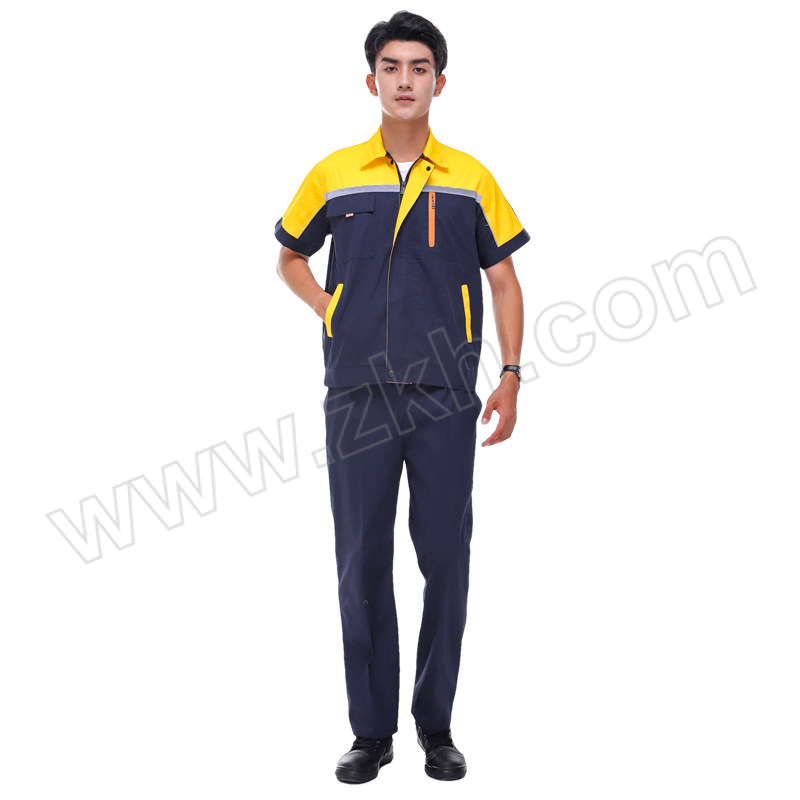 GONGTAI/共泰 夏季短袖款工作服 TE004 M(165) 藏蓝黄色拼肩 涤棉 带反光条 含上衣×1+裤子×1 1套