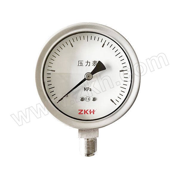 ZKH/震坤行 不锈钢压力表 Y-100B 100mm/0~1.6MPa/M20×1.5/径向/1.6级 1只