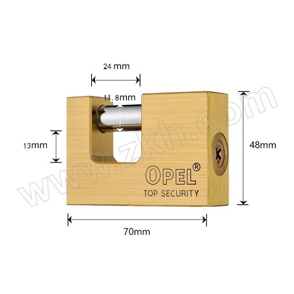 OPEL 十字矩形铜挂锁 WB-C70 黄铜色 不通开 锁体宽度70mm 锁钩净高13mm 含钥匙×3 1把