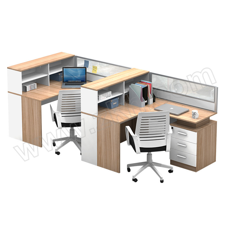LANRAN/兰冉 暖白胡桃F型两人位含椅办公桌(左高柜) LR-ZYZ06104 尺寸3×1.4×1.2m 1套