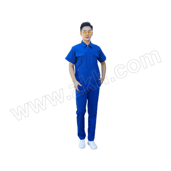 BOHAO/搏濠 纯棉纯色夏季拉链款短袖工服 024款 185码 艳蓝色 含上衣×1+裤子×1 1套