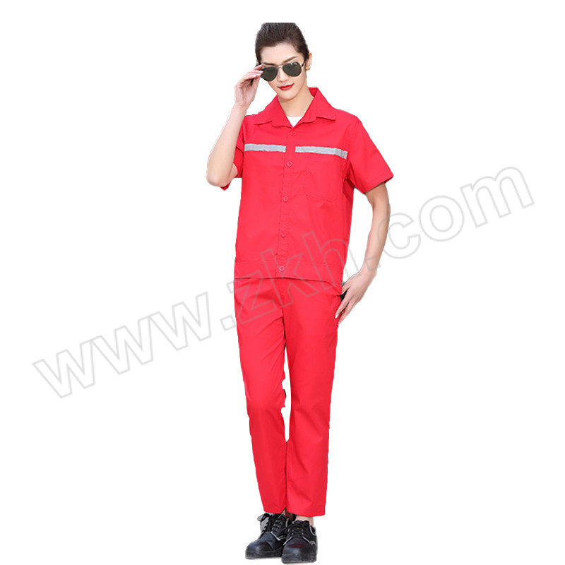 HONGANTU/宏安途 短袖反光条工作服套装 FJD-XZ01 190码 红色 含上衣×1+裤子×1 1套