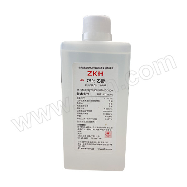 ZKH/震坤行 75%乙醇 ZA0004 CAS号64-17-5 等级AR 塑料瓶 500mL 1瓶