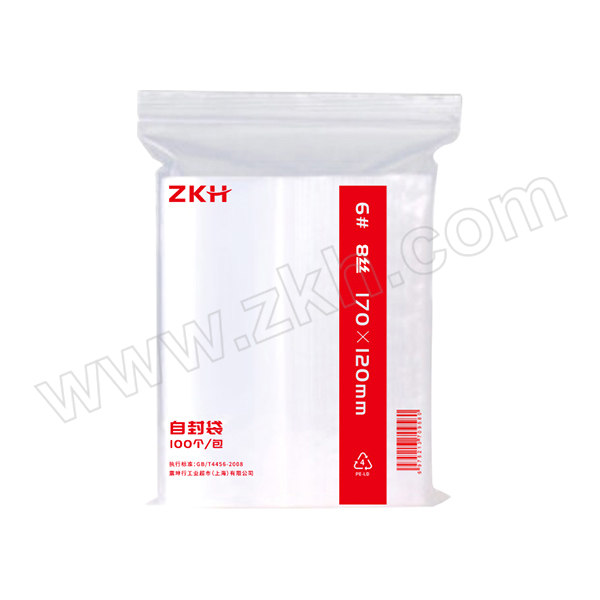 ZKH/震坤行 自封袋 6# 单面8丝 尺寸170×120mm 单面厚度0.08mm 100个 1包