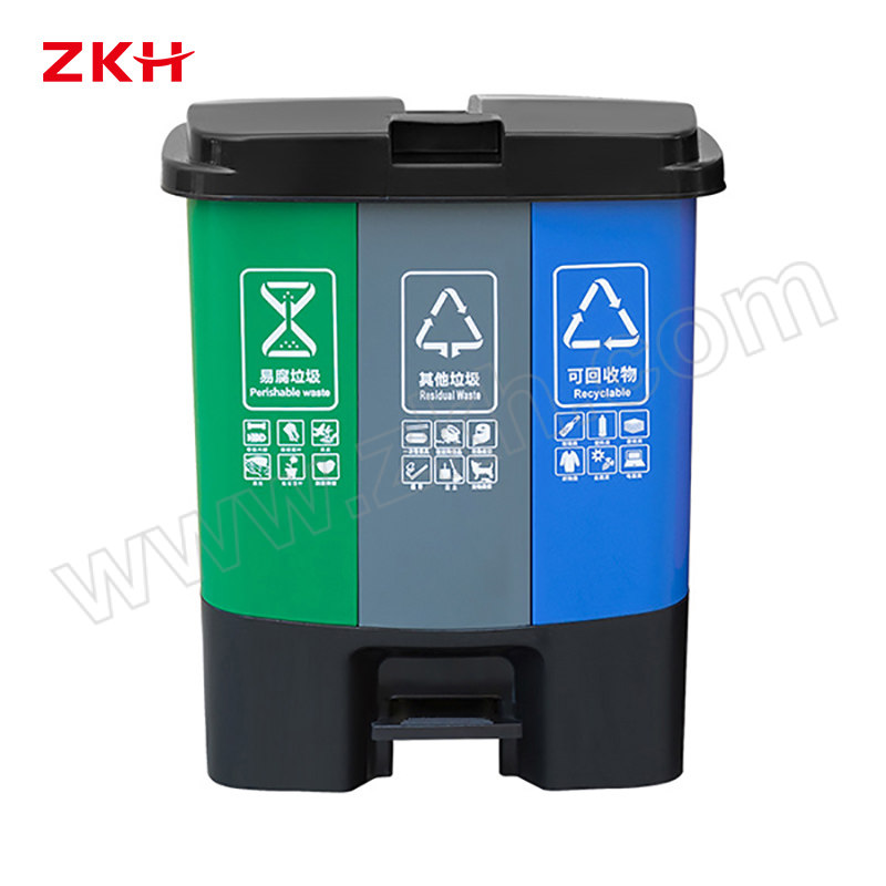ZKH/震坤行 三桶脚踏式分类垃圾桶 ZKH-60L-3U 1 40×49×56cm 绿色+灰色+蓝色 1个