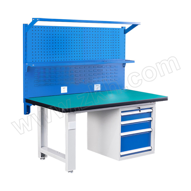 KY/锴源 防静电工作台 KY-A045 尺寸1500×750×1720mm 台面承载1t 偏四抽 方孔挂板×1百叶挂板×1 灰白色+蓝色 1张