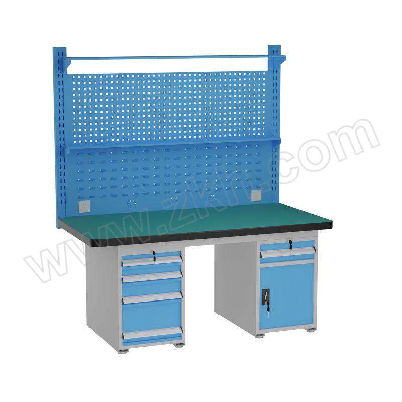KY/锴源 防静电工作台 KY-A069 尺寸1800×750×1720mm 台面承载1t 偏四抽+一抽一门 方孔挂板×1百叶挂板×1 灰白色+蓝色 1张