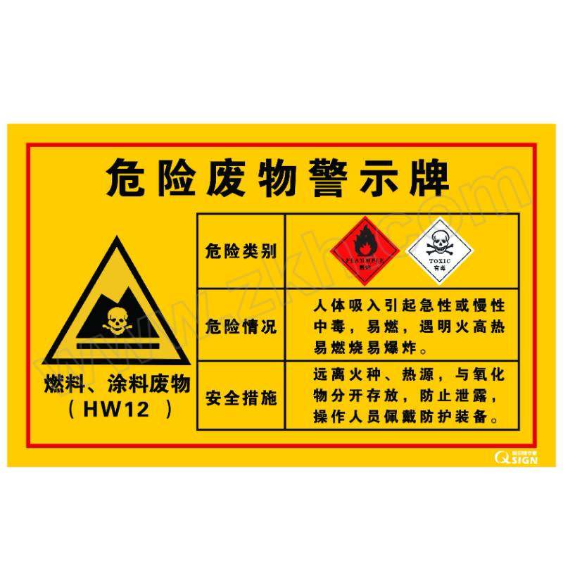 QXSIGN/标识牌专家 危险废物警示牌 QS-1525C3 ABS材质 1×500×700mm 燃料 涂料废物 1张