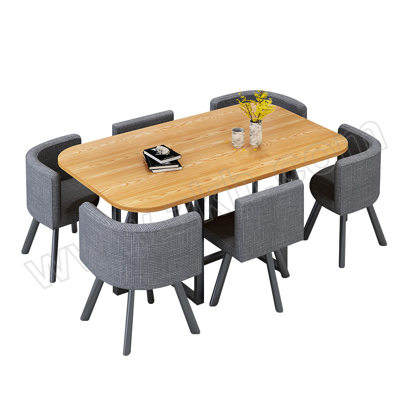 SX/韶希 休闲洽谈一桌六椅组合原木色桌面灰色布六椅 SX-QTZ323 桌子尺寸1500×900×750mm 椅子尺寸440×440×730mm 1套