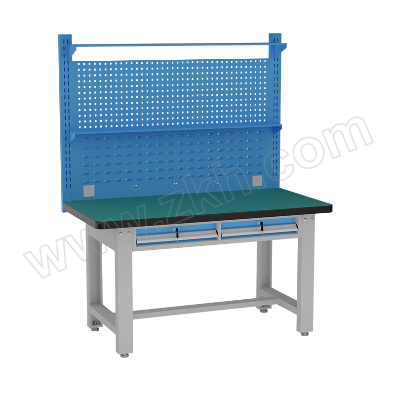 KY/锴源 防静电工作台 KY-GZTF66 尺寸1200×750×1720mm 台面承载1t 平二抽 方孔挂板×1百叶挂板×1 灰白色+蓝色 1张
