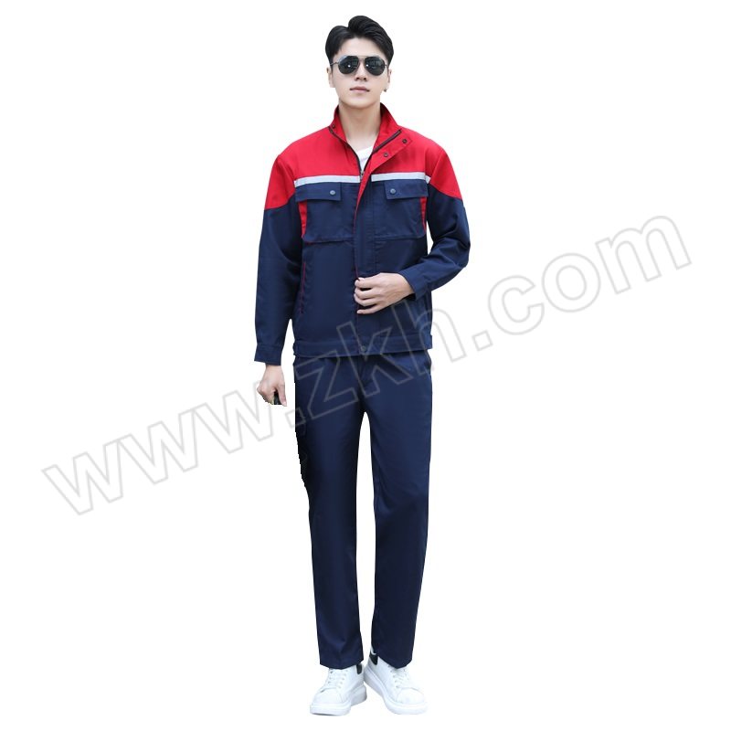 MAOZHENG/贸正 涤棉加厚纱卡反光条春秋工作服套装 MZ-8049 190码 红色+蓝色 含上衣×1+裤子×1 1套