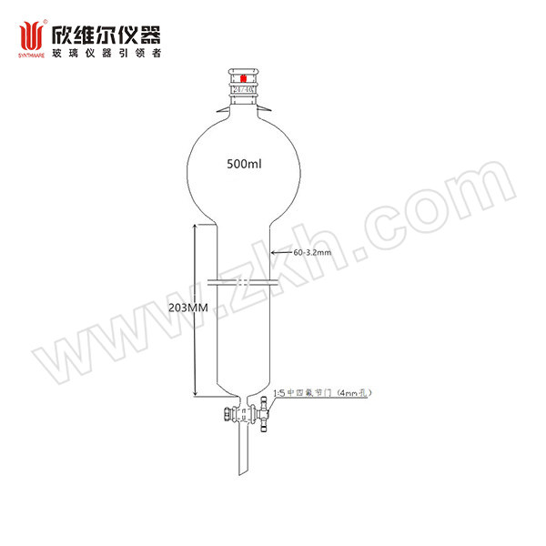 SYNTHWARE/欣维尔 具存储球层析柱 C376020RQ φ60mm 有效长203mm 存储球500mL 加强口 加耳朵 24/40 1个