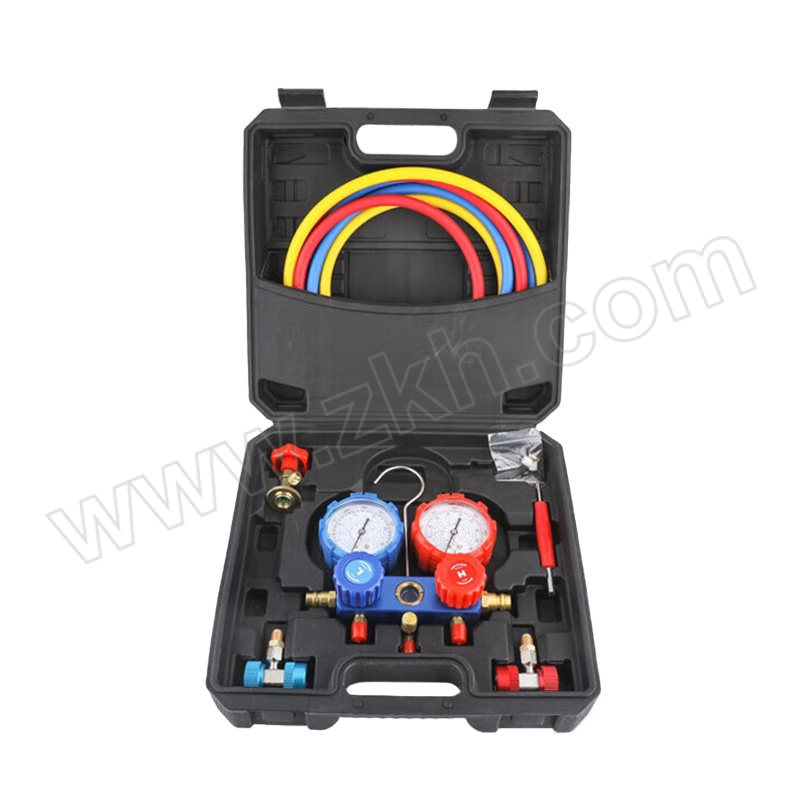 DILINGQU/第零区 汽车空调加氟工具套装 R134A 通用套装配高低压可调接头 R134双芯冷媒双表头*1+1.5米进口冷媒加氟管*3+开瓶器*1+高低压接头*2 1套