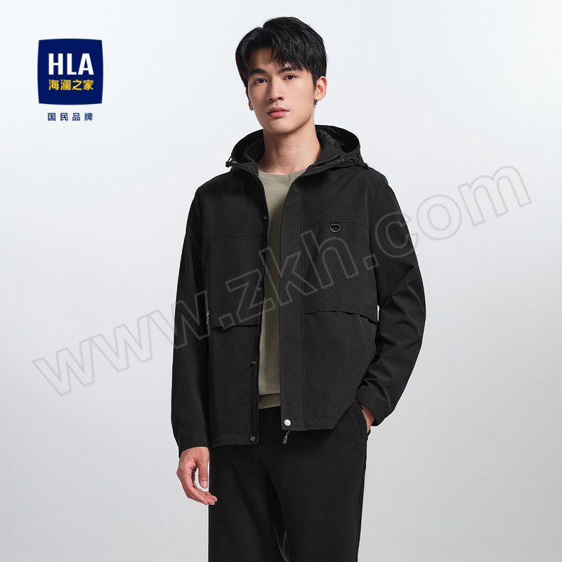 HLA/海澜之家 抽绳连帽工装风夹克男款 HWJAD3W205A 黑色 175/92A 建议135~150斤 1件