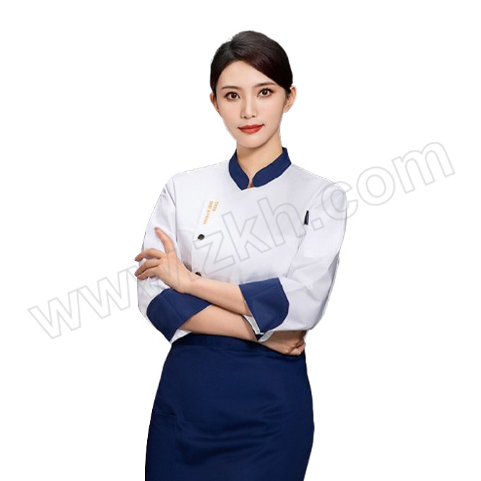 ANQIAOXIANG/安巧象 秋冬季长袖立领厨师工作服套装 xx241002 2XL 白蓝领 上衣×1+围裙×1 1套