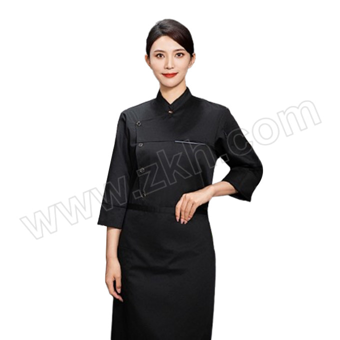 ANQIAOXIANG/安巧象 单排扣斜边内兜长袖厨师服套装 xx241003 2XL 黑色 上衣×1+围裙×1 1套