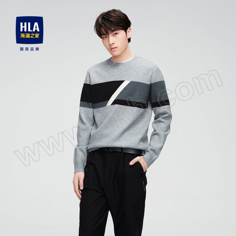 HLA/海澜之家 色块镶拼圆领套头长袖针织衫男款 HNZAD3U157A 浅灰条纹 170/88A 建议115~130斤 1件