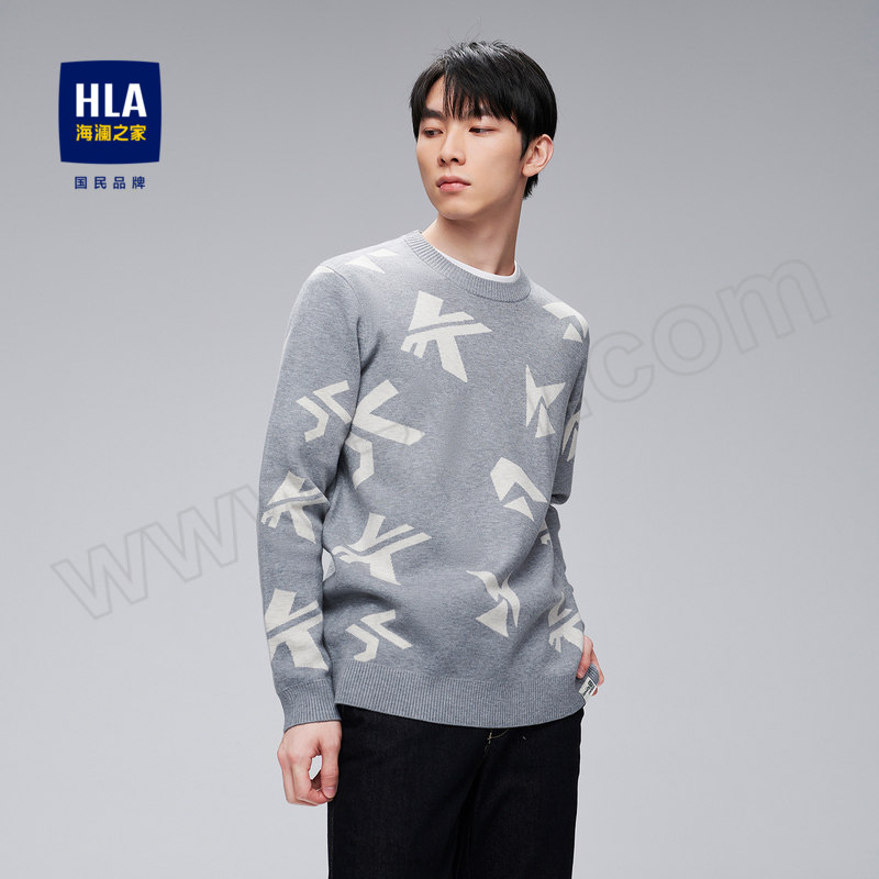 HLA/海澜之家 字母几何提花长袖针织衫厚实保暖圆领毛衣男 HNZAD4U067A 中灰花纹 M 建议115~130斤 1件