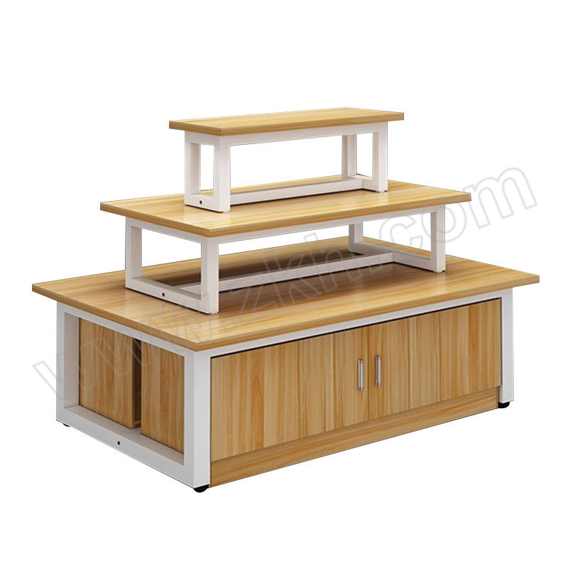 JHS/集华世 多功能超市中岛商品展示台 JHS-ZST-097 尺寸1600×800×1200mm 三层 白色+浅胡桃色 带柜 1个