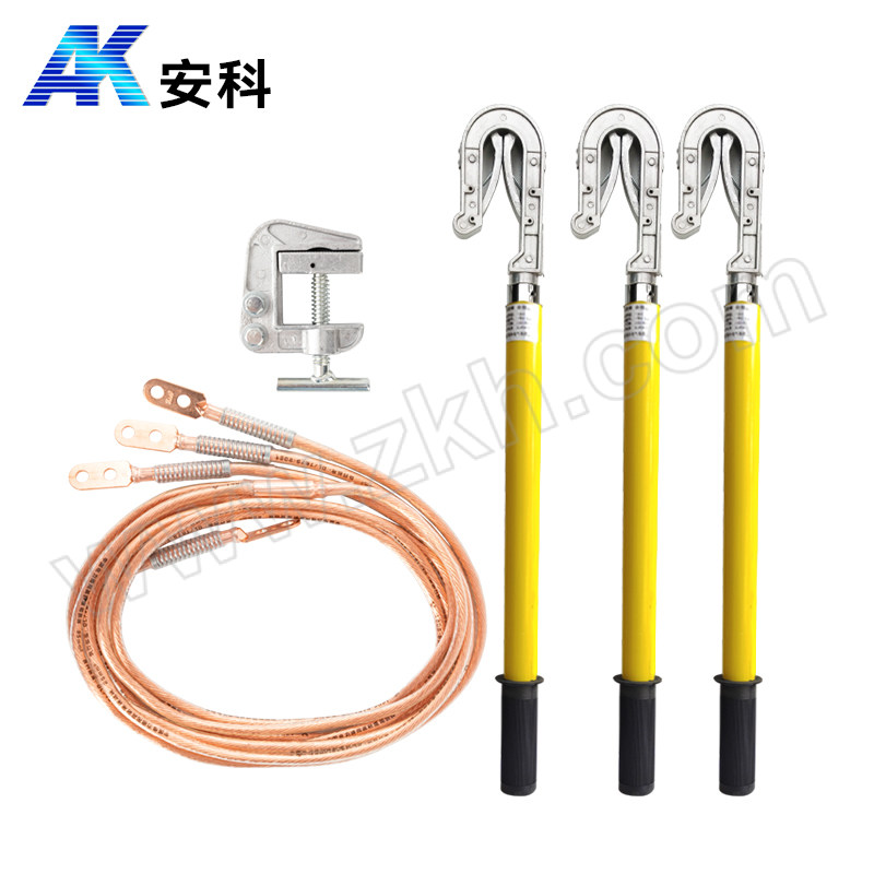 AK/安科 35kV接地线 AK-JDB 双舌接地棒1.5m(黄色杆)35mm²软铜线 3×1.5m+5m线配接地夹包 1套