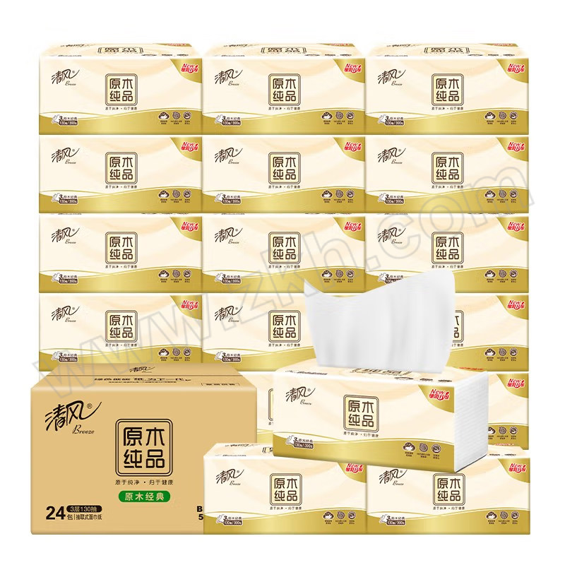 BREEZE/清风 XS码原木纯品抽纸 BR15SCE5 190×120mm 130抽×24包 3层 1箱