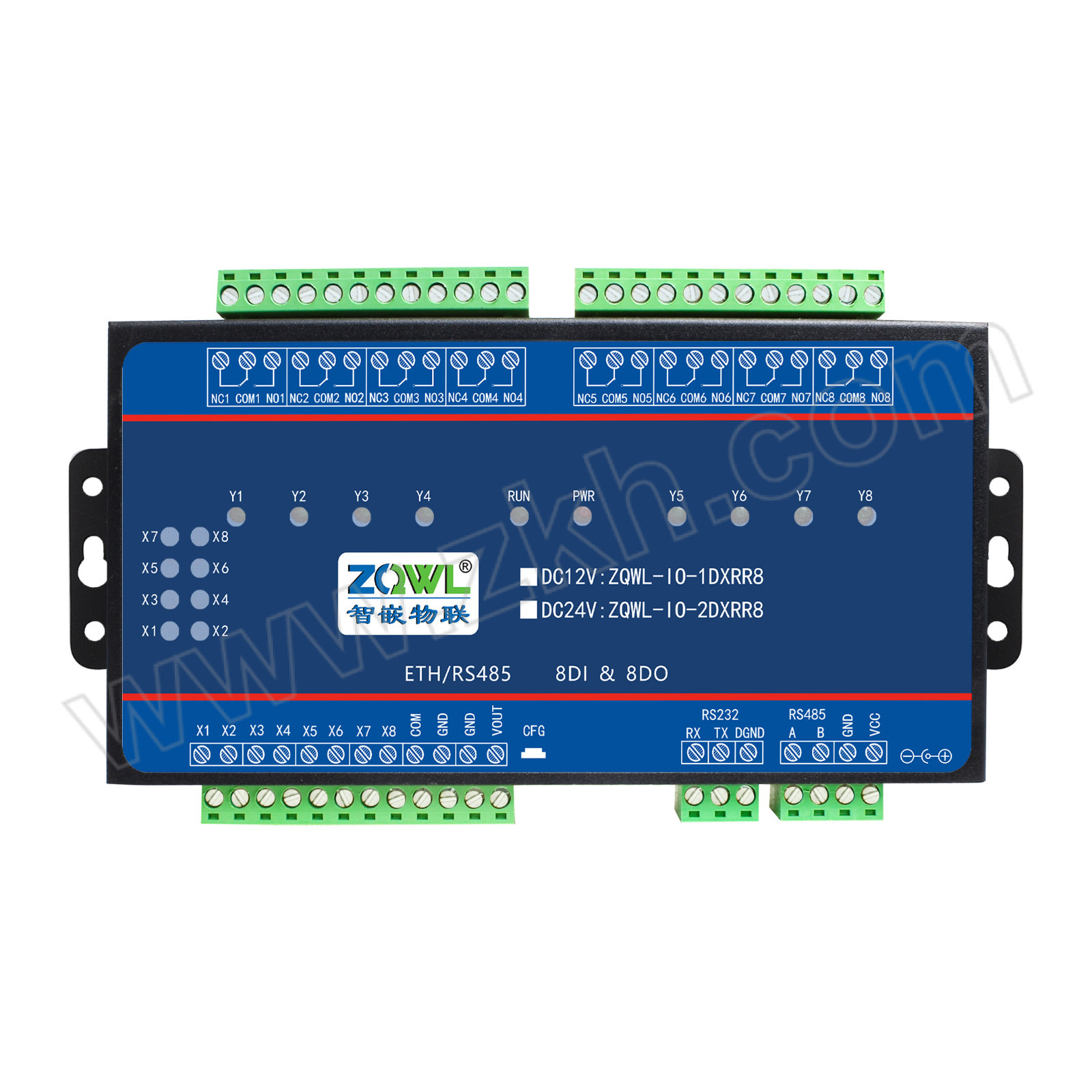 ZQWL/智嵌物联 8路串口控制继电器板 ZQWL-IO-1DXRR8 RS232/485开关量采集输出延时断电联动ASCII 1个