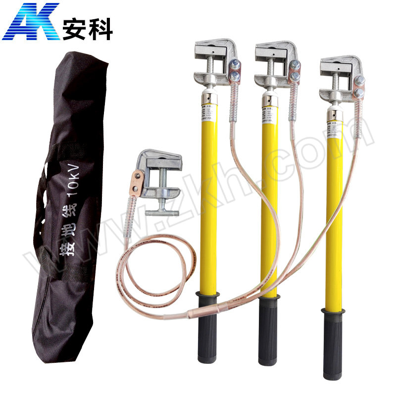 AK/安科 10kV平口螺旋接地线 AK-JDB 3根0.6m接地棒(黄杆)+25mm²软铜线3×1m+3m+接地夹+包 1套