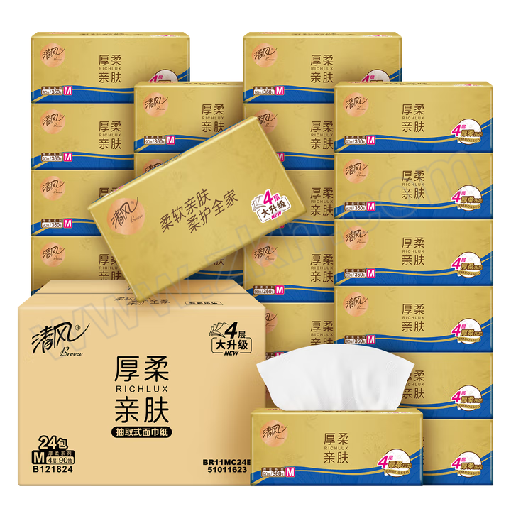 BREEZE/清风 金装M码抽纸 BR11MC24E 白色 四层 单张尺寸170×154mm 90抽×24包 1箱