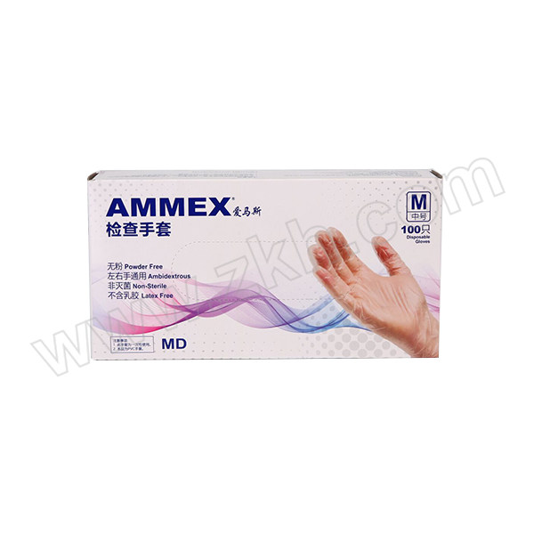 AMMEX/爱马斯 一次性无粉透明PVC手套 GPX3M44100 M 无粉光面 100只 1盒