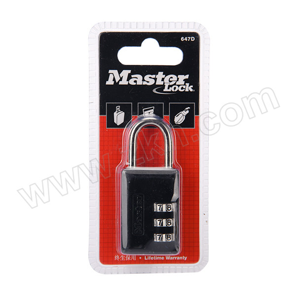 MASTERLOCK/玛斯特锁 箱包锁 647MCND 5MM黄铜锁钩  24MM锁钩净高 30MM宽 黄铜锁体黑塑料壳  3位数字可重设密码锁 1个