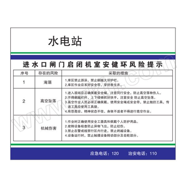 SAFEWARE/安赛瑞 定制标识(进水口闸门启闭机室安健环) GD135-行业定制 500*400mm 1mm厚铝板 1张