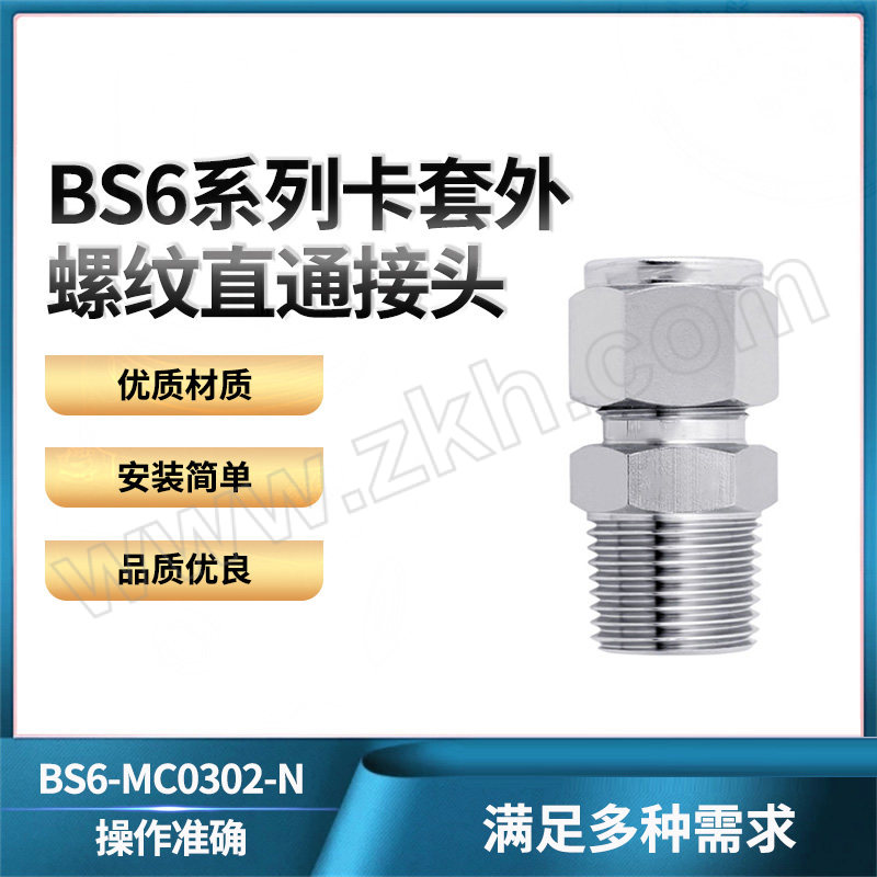 JPE/沅亨 BS6系列卡套外螺纹直通接头 BS6-MC0302-N 1个